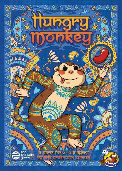 Hungry Monkey game cover: A mischievous, patterned monkey with its tongue out reaches for a red jelly bean on a vibrant blue background.