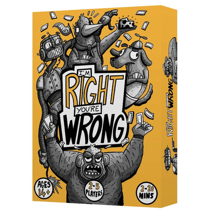 Yellow 'I'm Right You're Wrong' game box with arguing cartoon robot, bird, dog, and ape holding cards