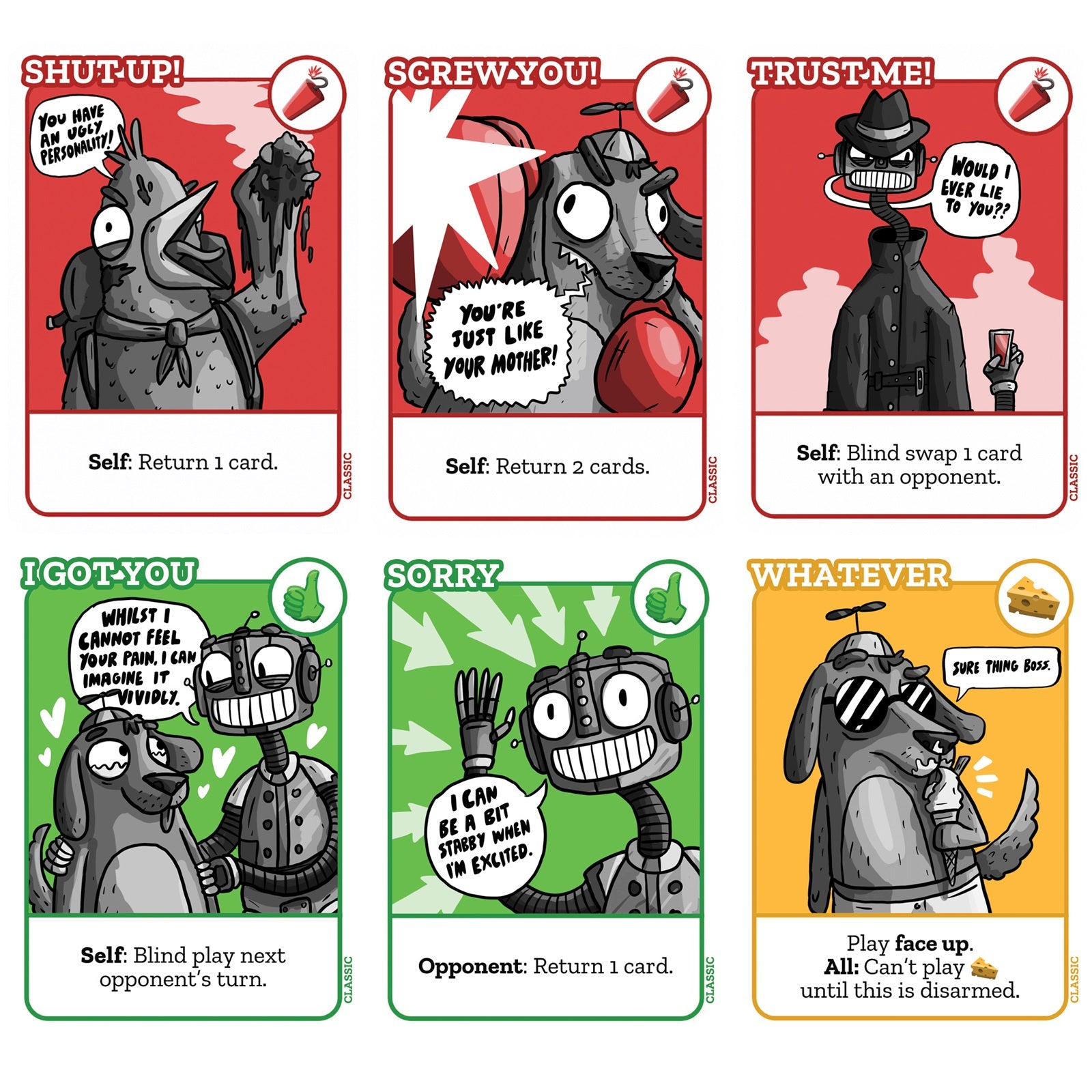 Six cartoon playing cards showing various characters, expressions, and game instructions
