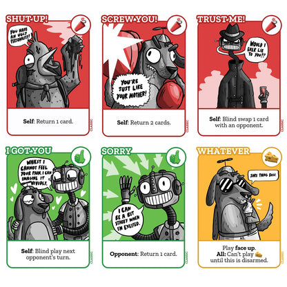 Six cartoon playing cards showing various characters, expressions, and game instructions