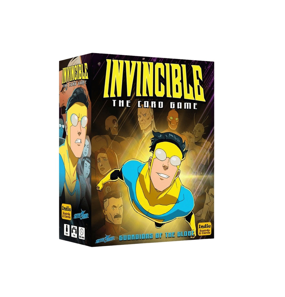 Box cover for Invincible: The Card Game, showing Mark Grayson flying in front of other characters