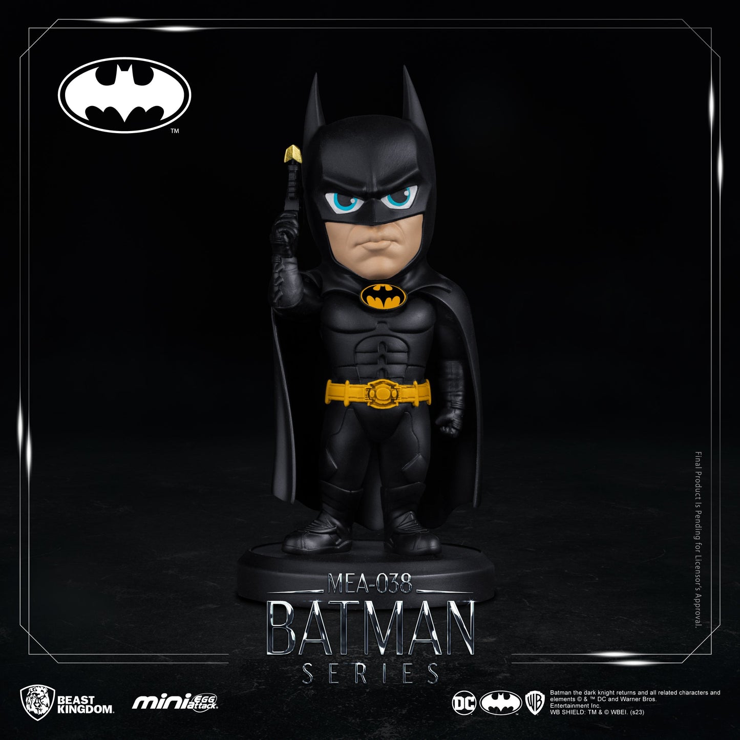 Close-up of Batman figure with armored suit and cape, standing on circular base