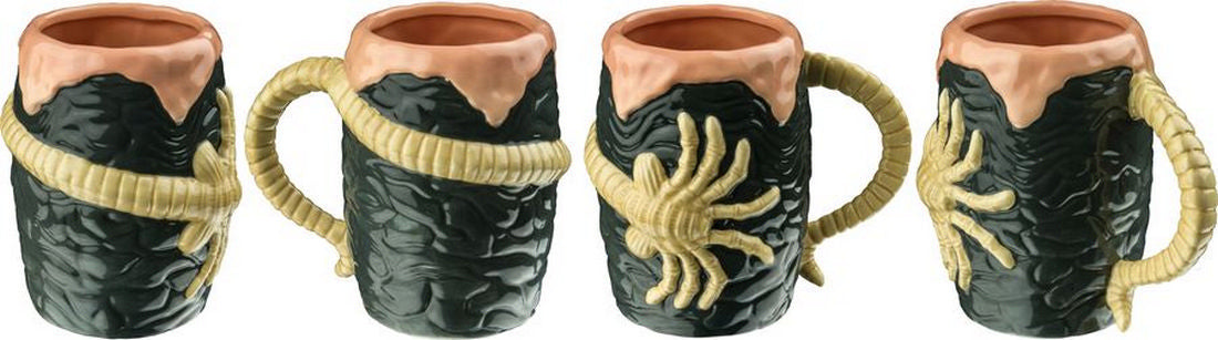 Four views of a sculpted Facehugger-themed novelty mug, dark texture wrapped with a beige alien tail handle and legs