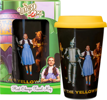 The Wizard of Oz heat change travel mug and box, featuring Dorothy, the Tin Man, and the Cowardly Lion