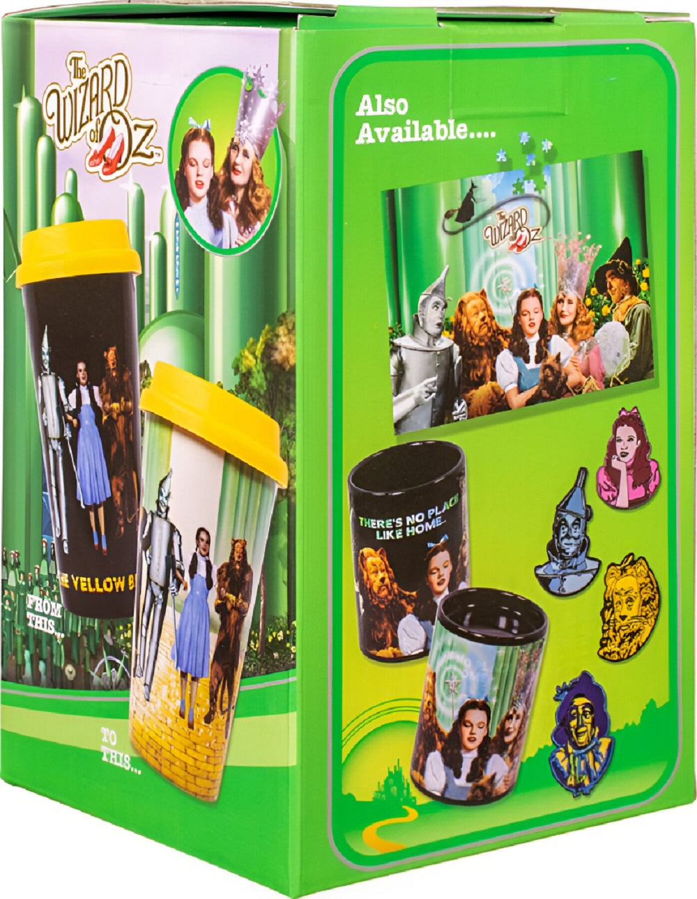 Green merchandise box for "The Wizard of Oz," showcasing themed travel tumblers, mugs, and character images