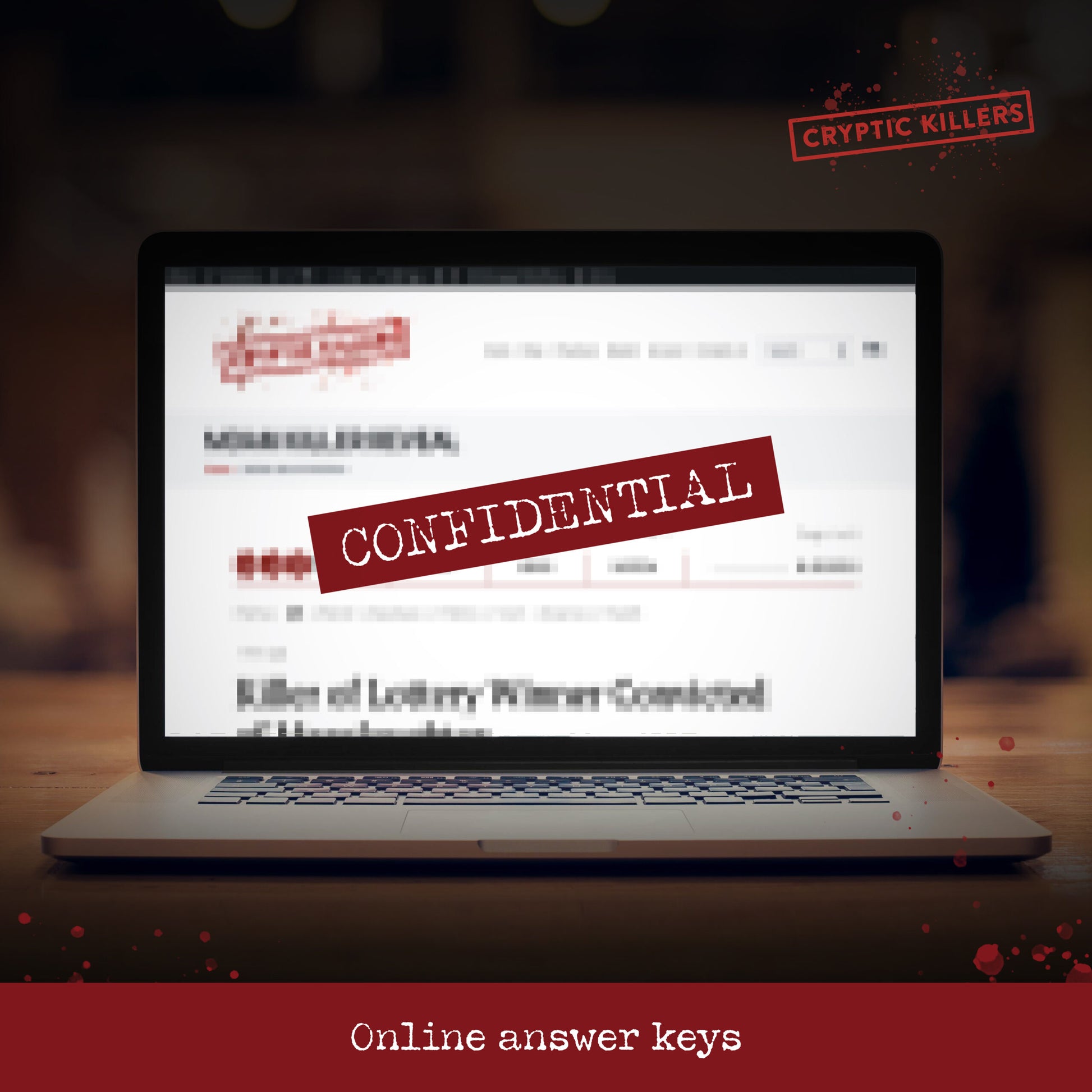 Laptop displays a blurred document stamped "CONFIDENTIAL." Features Cryptic Killers branding and blood spatters