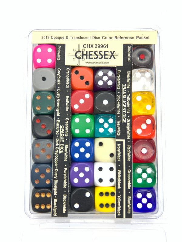 Chessex dice color reference packet displaying 24 opaque and translucent dice in various colors