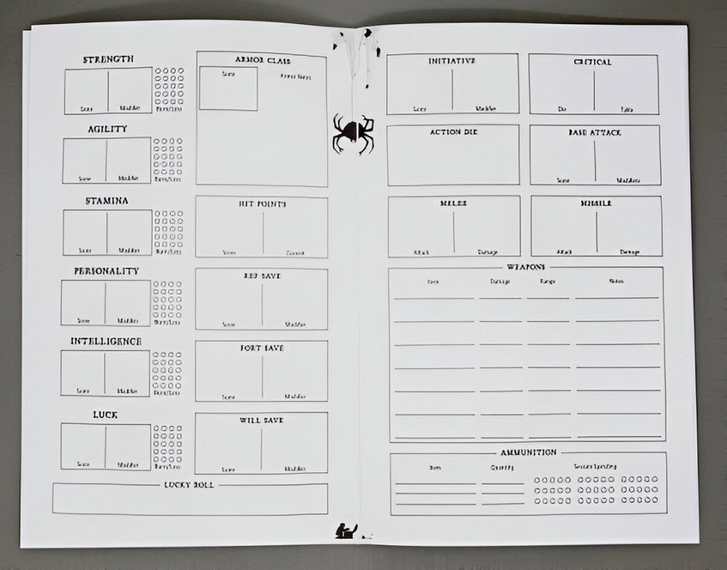 An open, blank tabletop RPG character sheet with stat categories, equipment sections, and a spider logo