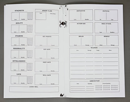 An open, blank tabletop RPG character sheet with stat categories, equipment sections, and a spider logo