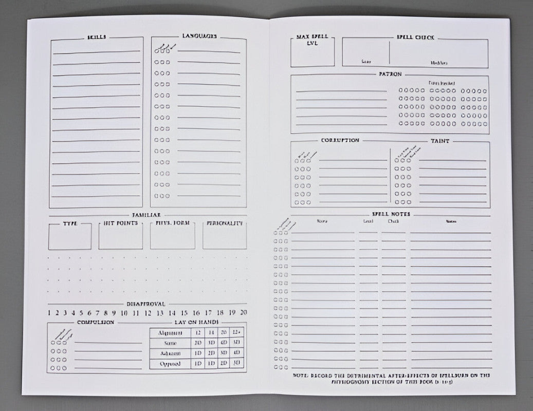 An open, blank RPG character sheet with sections for skills, languages, spells, and character stats