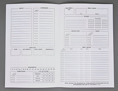 An open, blank RPG character sheet with sections for skills, languages, spells, and character stats