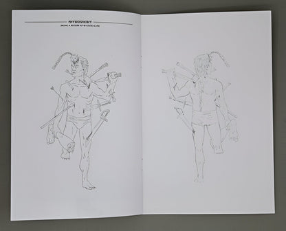 Open book with two B&W line drawings: front and back views of a wounded man pierced by swords/arrows, with severed limbs. Titled "PHYSIOGNOMY"