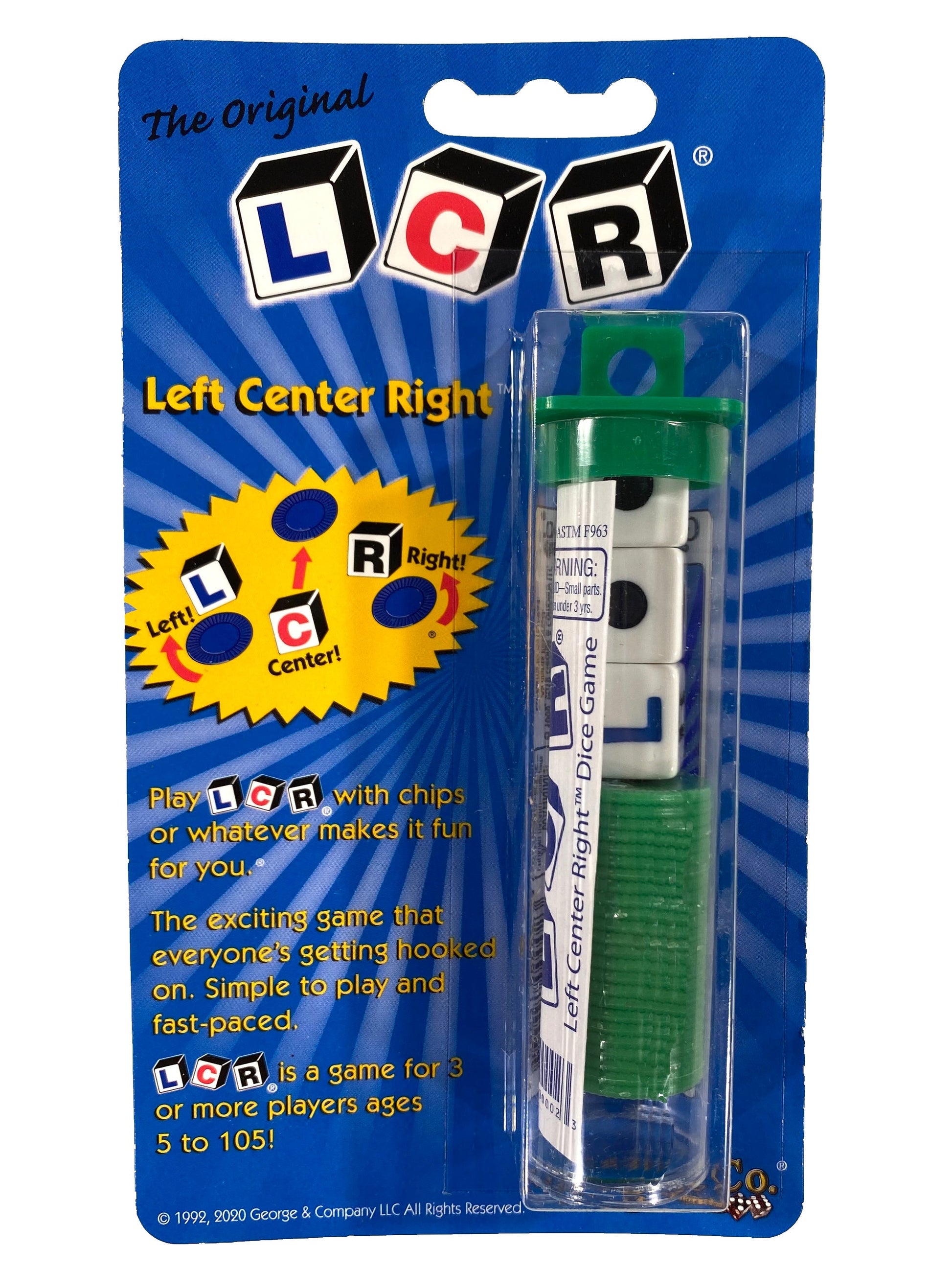 Retail packaging for the "Left Center Right" (LCR) dice game, displaying the LCR dice and green playing chips