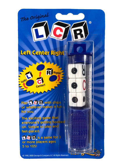 Packaged LCR (Left Center Right) dice game, featuring three white dice and a tube of blue playing tokens