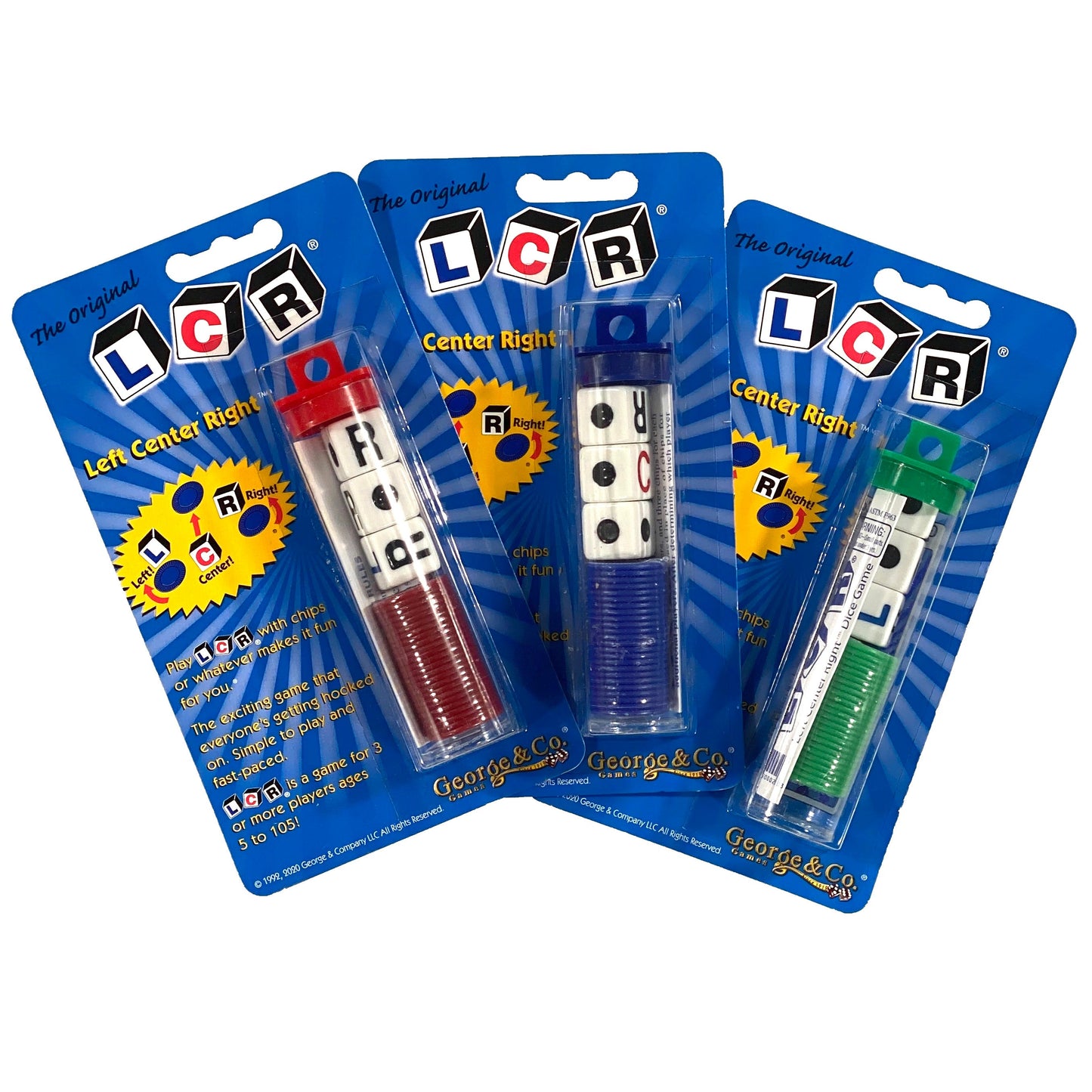 Three packages of the LCR dice game containing L, C, R dice and stacks of red, blue, and green playing chips