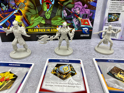 Three gray power ranger villain miniatures with character cards Mesogog Zeltrax and Elsa from Villain Pack 4