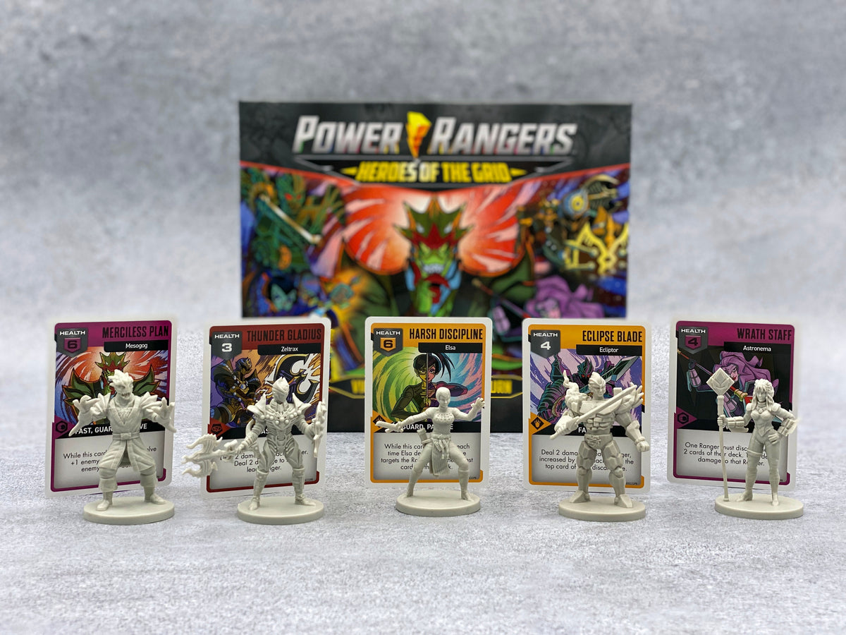 Power Rangers Heroes of the Grid board game box with five unpainted enemy miniatures and corresponding character cards