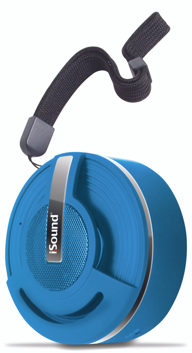A round, blue iSound portable speaker with a textured grill and an attached black strap.