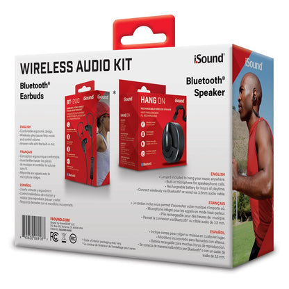 iSound Wireless Audio Kit box showing Bluetooth earbuds, a speaker, and a man wearing earbuds.