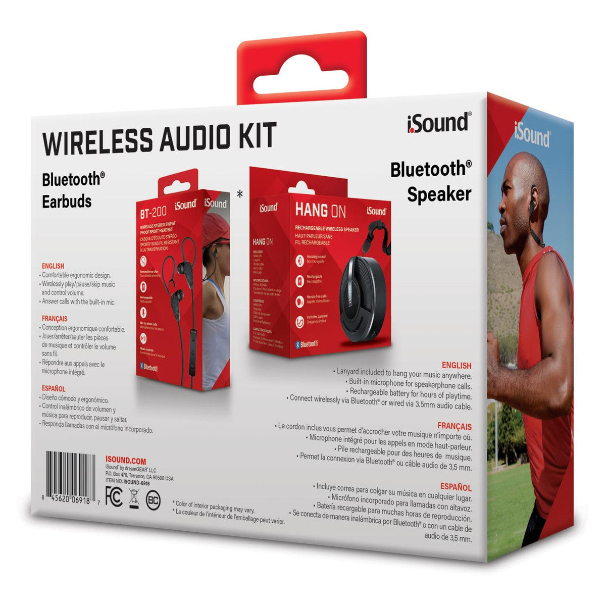 iSound Wireless Audio Kit box showing Bluetooth earbuds, a speaker, and a man wearing earbuds.