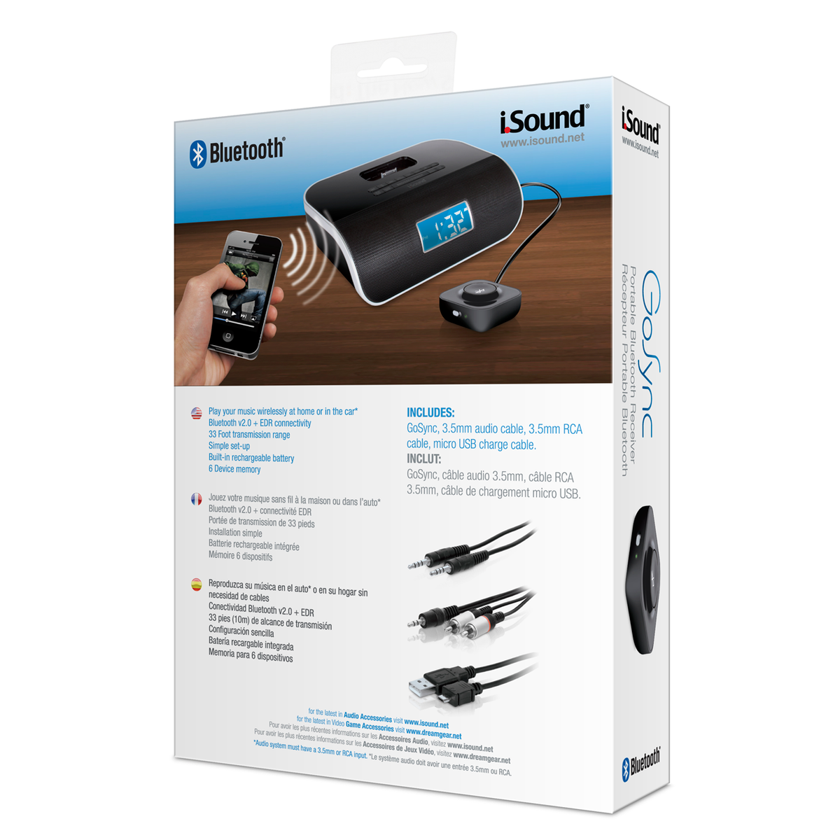 GoSync Portable Bluetooth Receiver box. A smartphone wirelessly connects to the black receiver on a wooden surface.