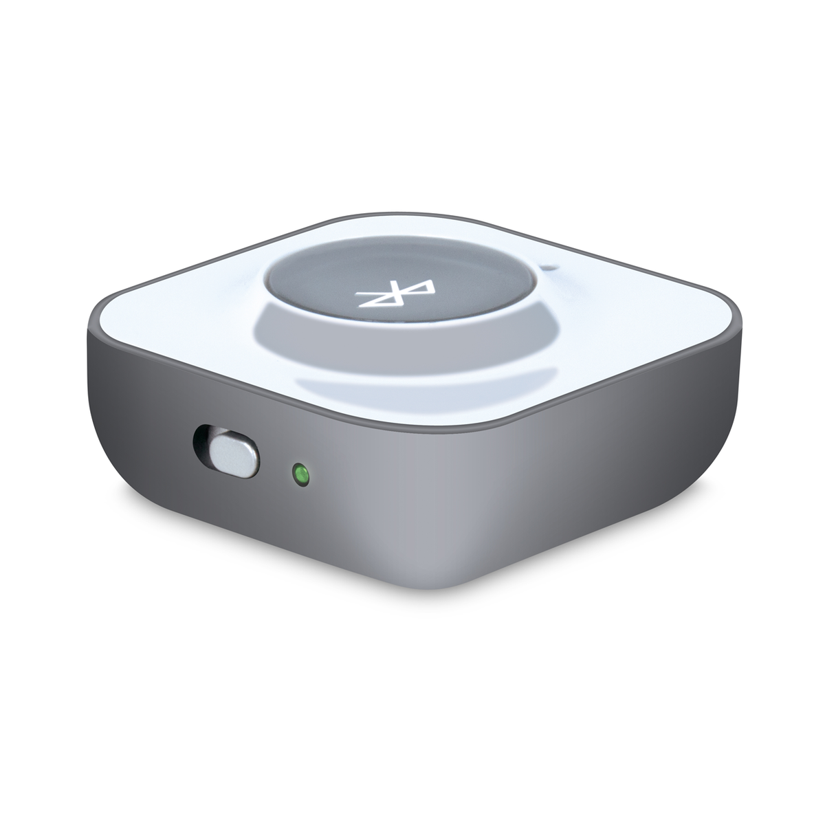 A compact gray and white Bluetooth device with a prominent Bluetooth symbol on top, a side switch, and a green indicator light.
