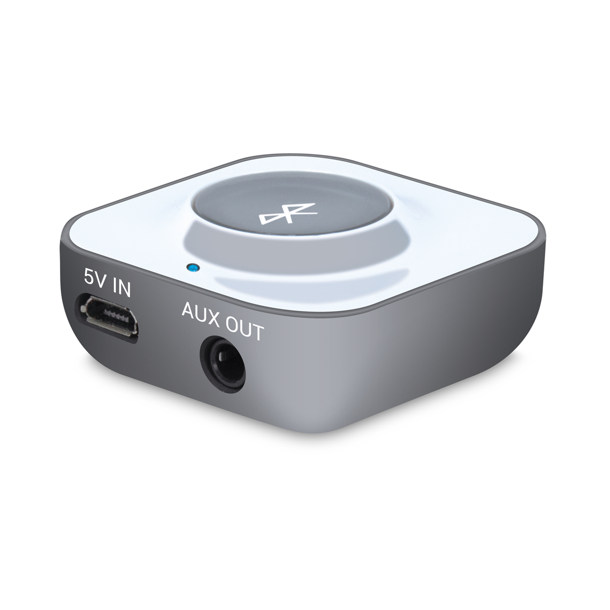 Small gray Bluetooth audio receiver with white top. Features a Bluetooth symbol button, micro-USB, and AUX out port.