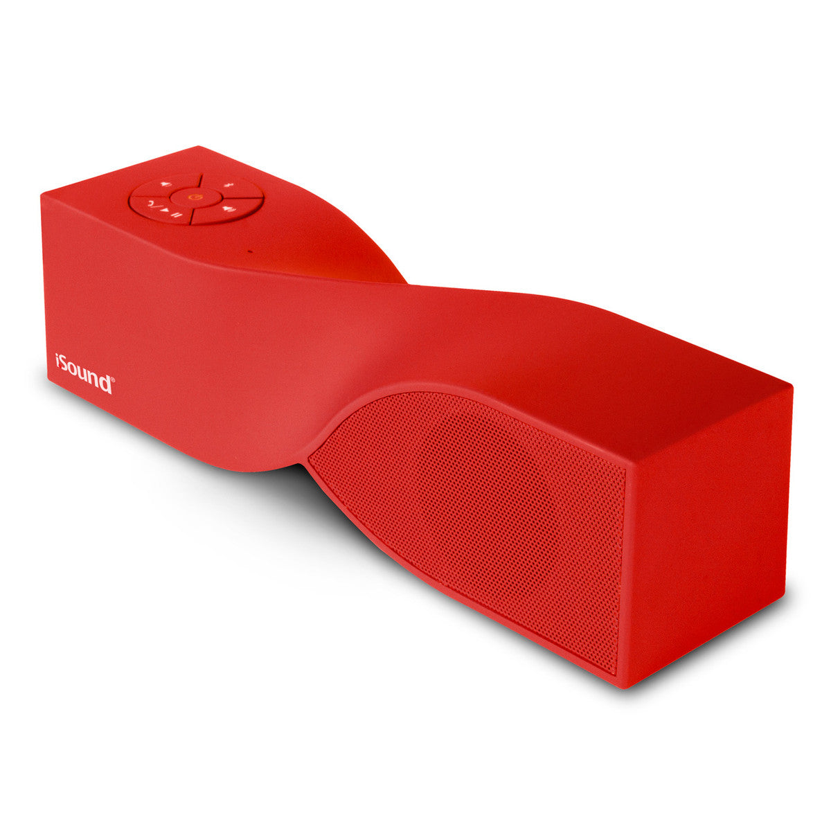 A red iSound portable speaker with a twisted, contoured design and media controls on top.