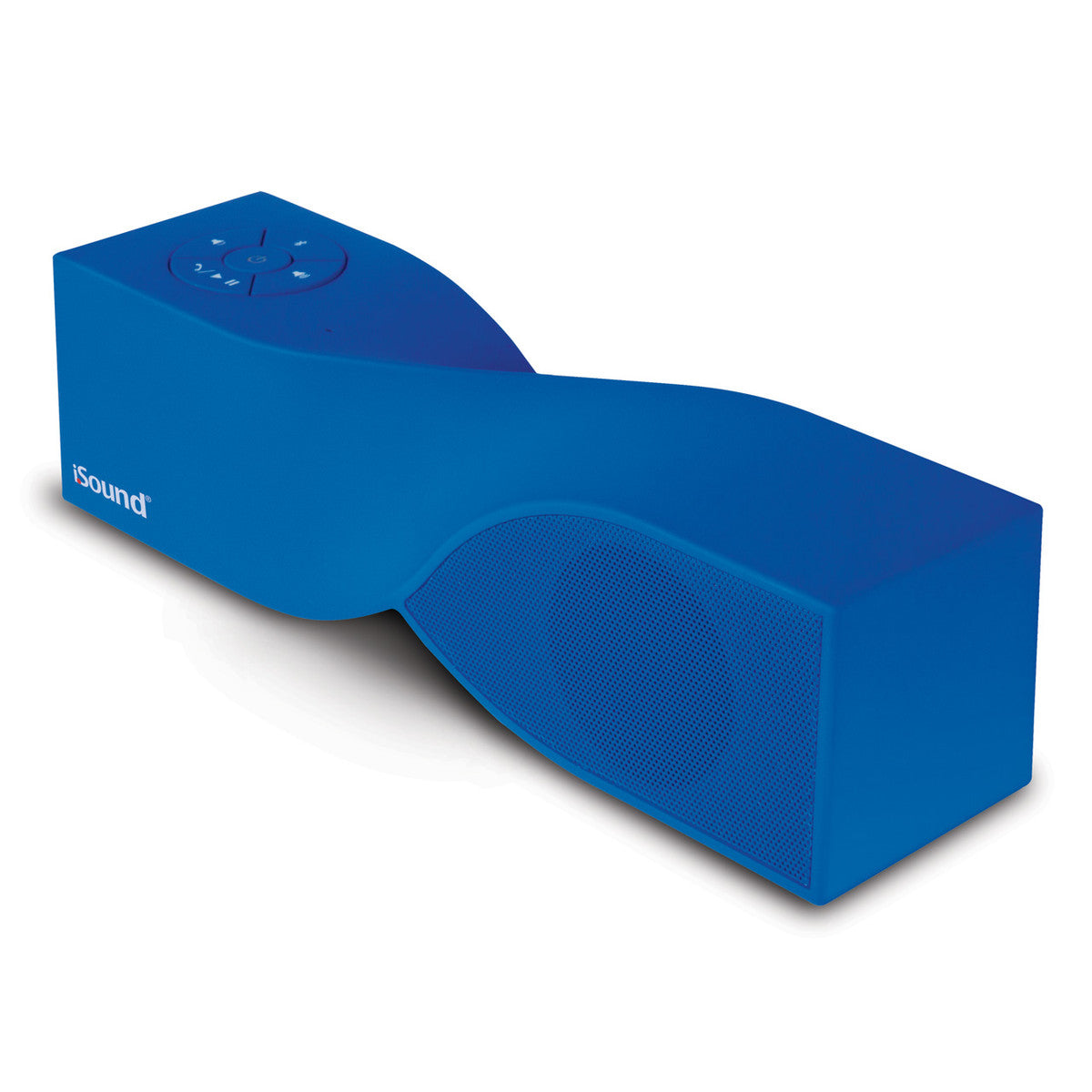 A blue iSound portable speaker with a unique twisted design and control buttons on top.