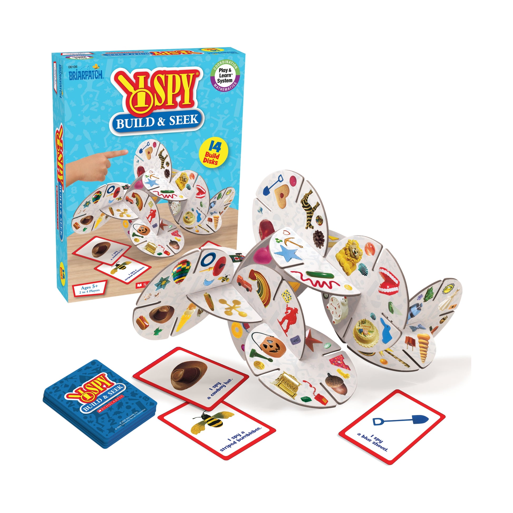 I SPY Build & Seek game set: blue box, assembled interlocking build disks with various objects, plus I Spy search cards
