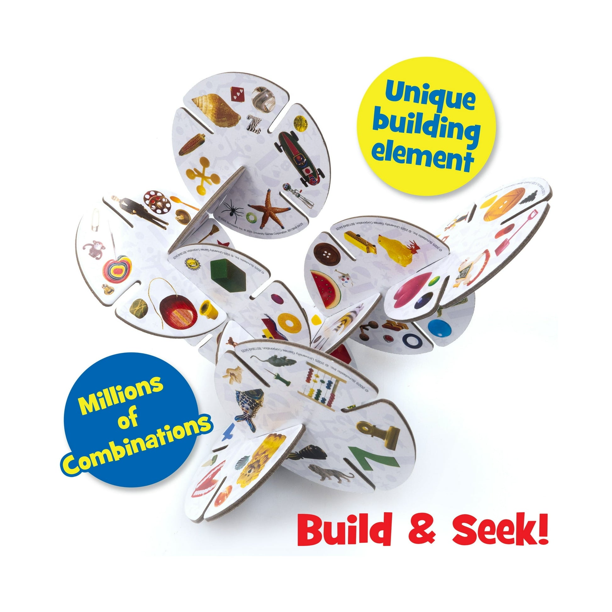 Interlocking white discs form a complex 3D structure, displaying colorful objects for a "Build & Seek" activity