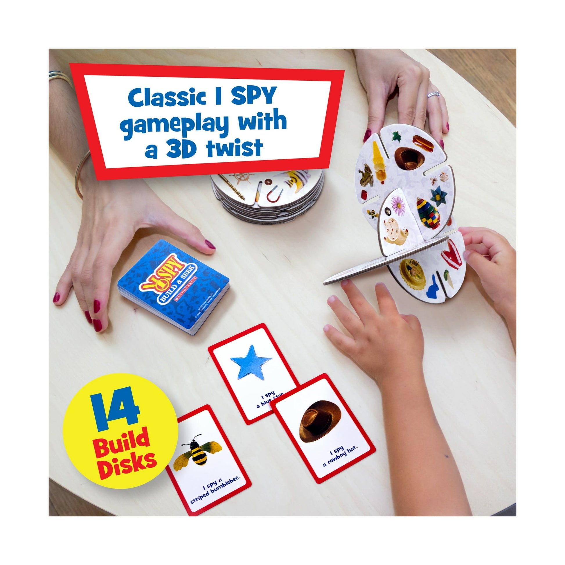 Adult and child hands play "I Spy Build & Seek" by connecting 3D disks and matching picture clue cards