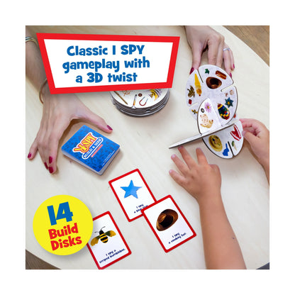 Adult and child hands play "I Spy Build & Seek" by connecting 3D disks and matching picture clue cards