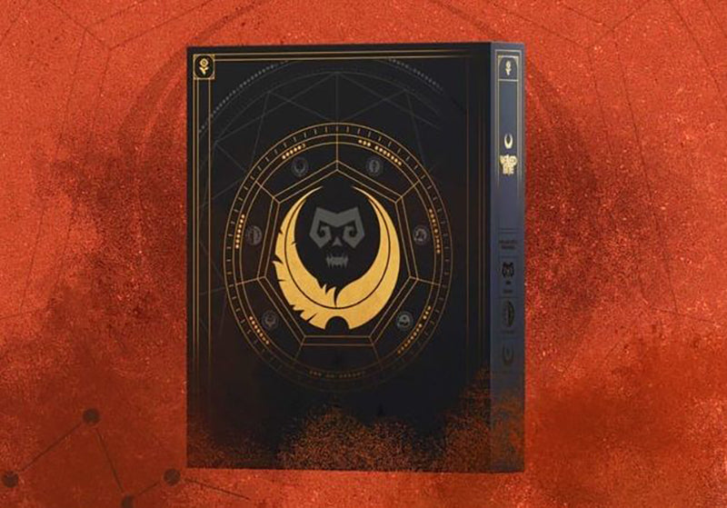 Black collector's box featuring a central gold skull and crescent emblem on a geometric design