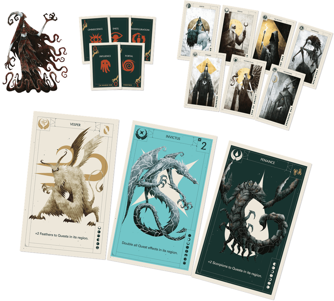 Dark fantasy game cards showing monsters (Vesper, Invictus, Penance), veiled characters, and action cards