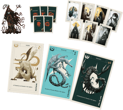 Dark fantasy game cards showing monsters (Vesper, Invictus, Penance), veiled characters, and action cards