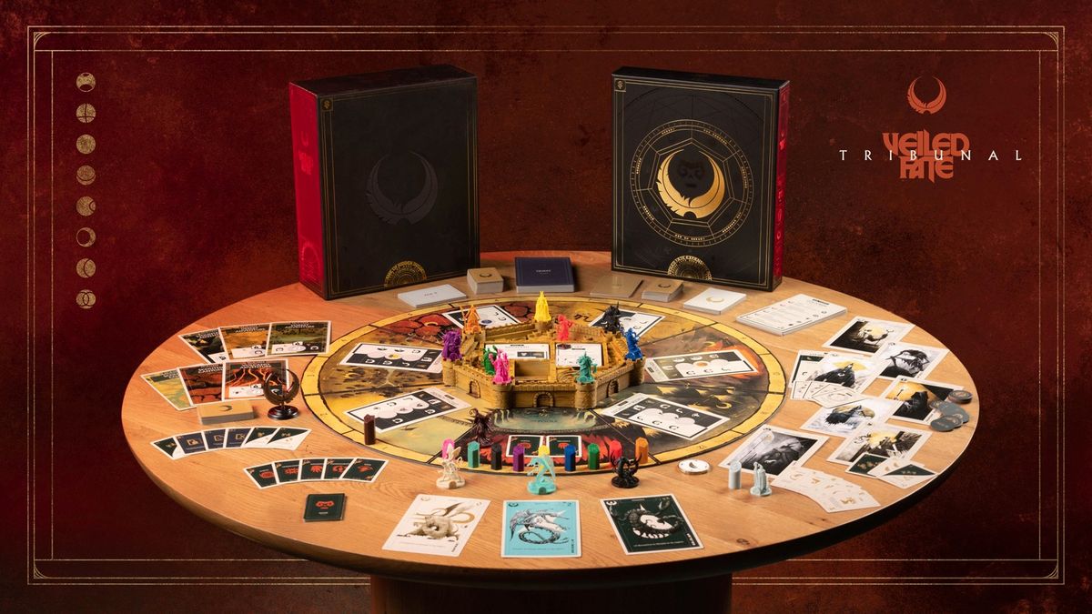 Veiled Tribunal board game displayed, showing the central 3D castle, circular game board, cards, and miniatures