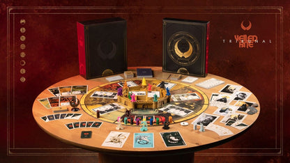 Veiled Tribunal board game displayed, showing the central 3D castle, circular game board, cards, and miniatures