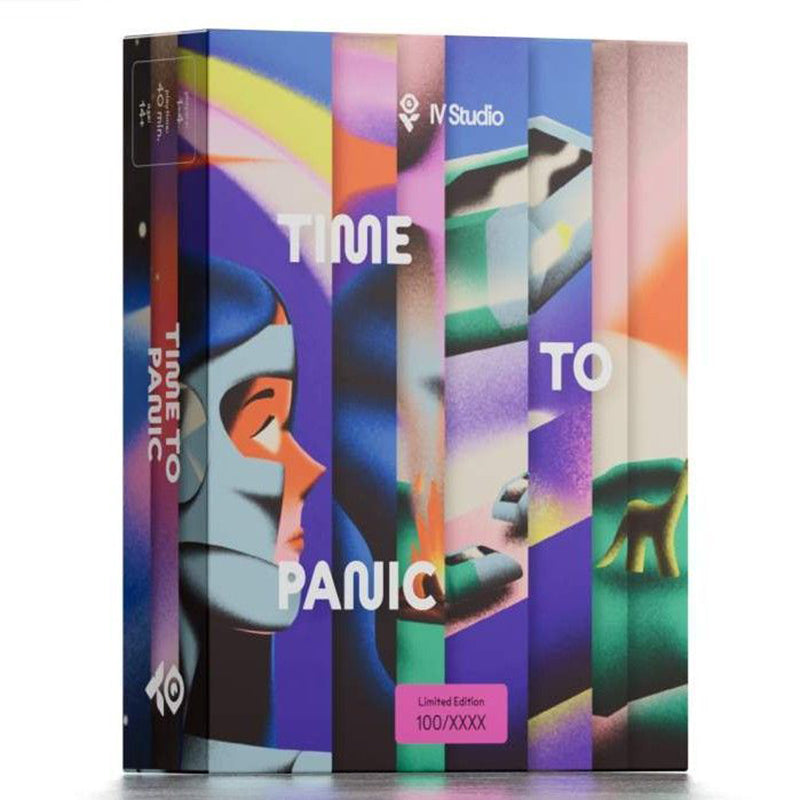Colourful boxed set displaying the title "TIME TO PANIC" over an abstract illustration of a profile and geometric shapes