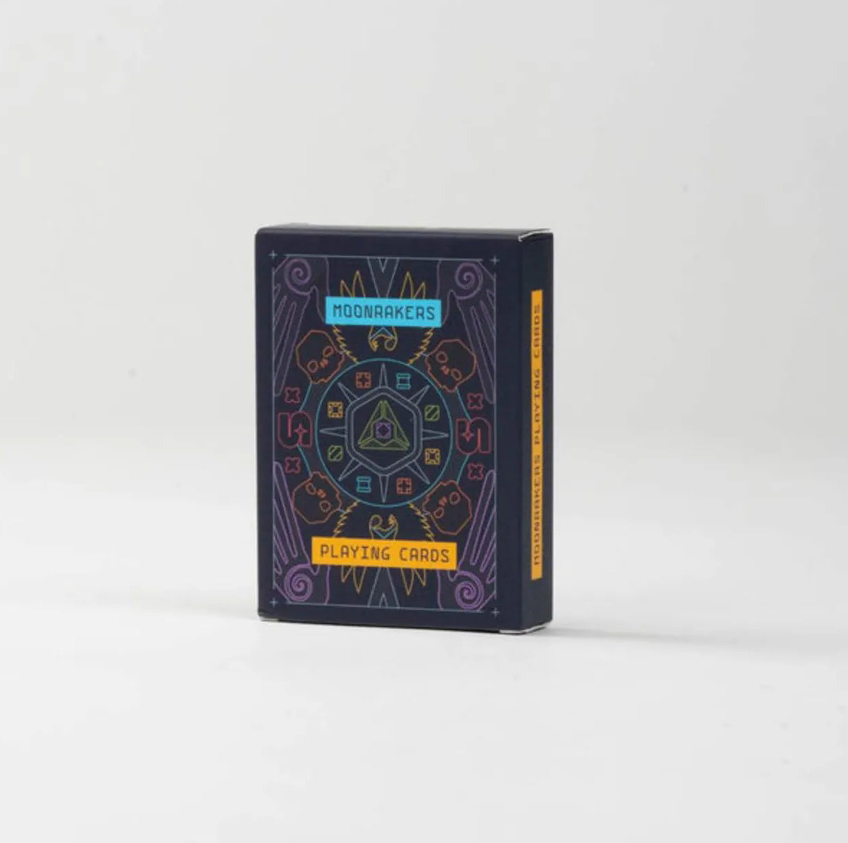 Tuck box for Moonrakers Playing Cards, dark blue with neon line art design
