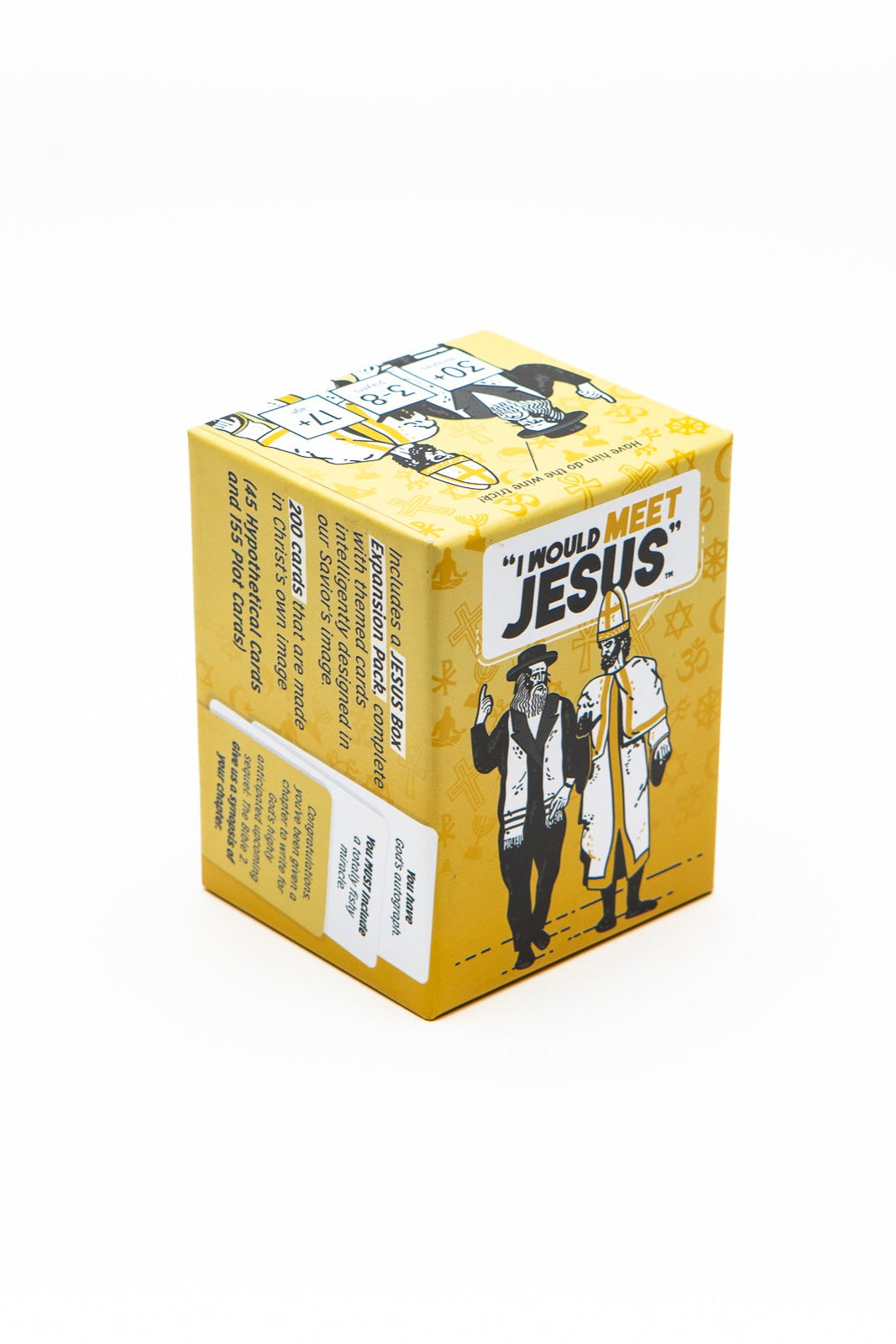 Yellow &quot;I Would Meet Jesus&quot; expansion pack box with illustrations of a rabbi and Jesus
