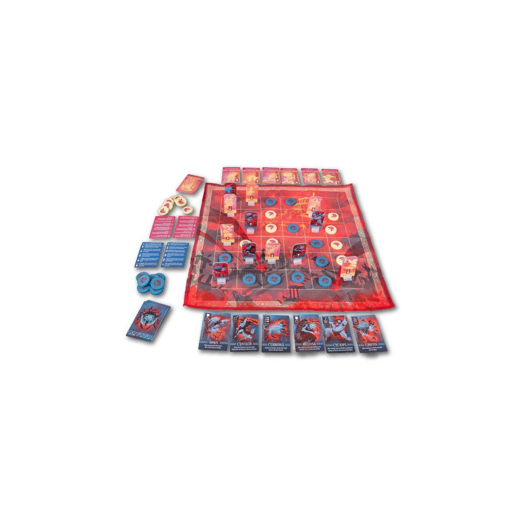 Mythological board game: red grid board, character cards (Centaur, Medusa), tokens laid out for play