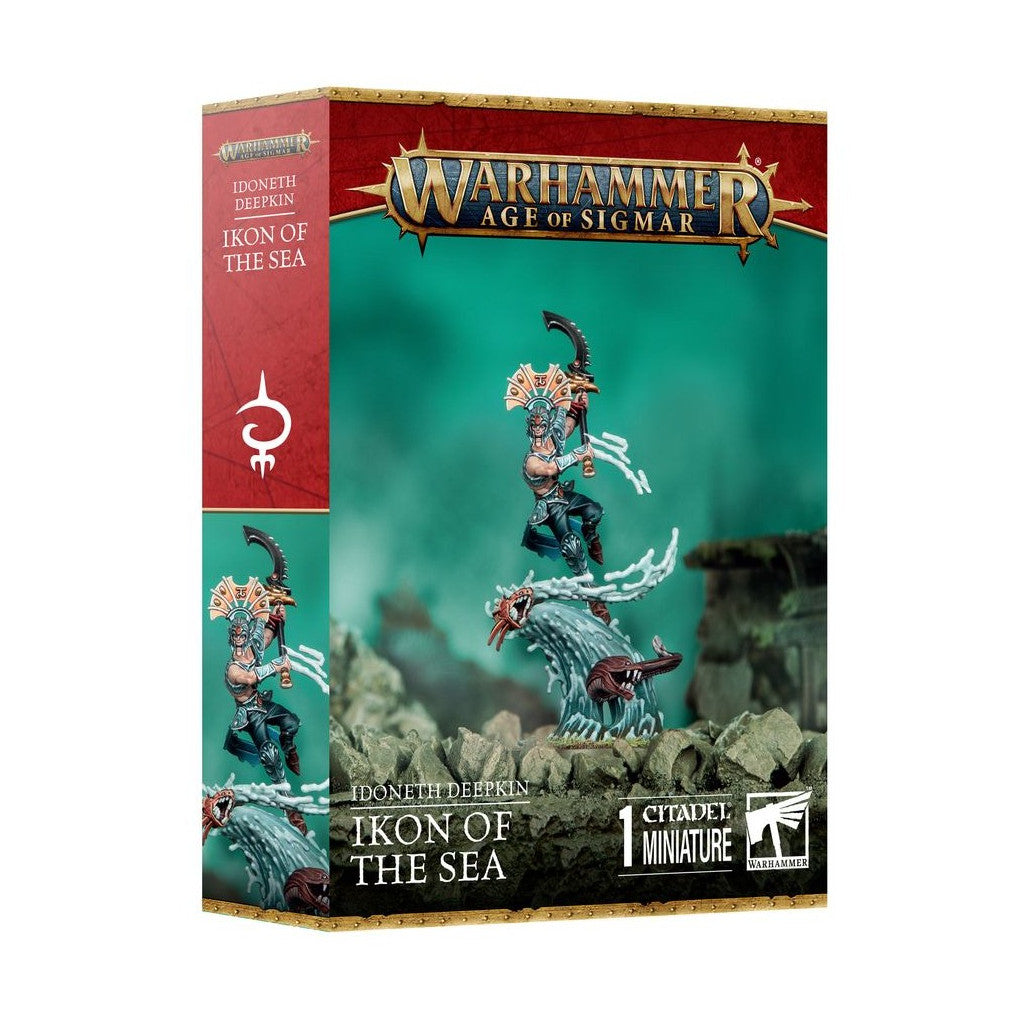 Warhammer Age of Sigmar 'Ikon of the Sea' miniature box. An elf warrior with a curved blade rides a large stylized wave