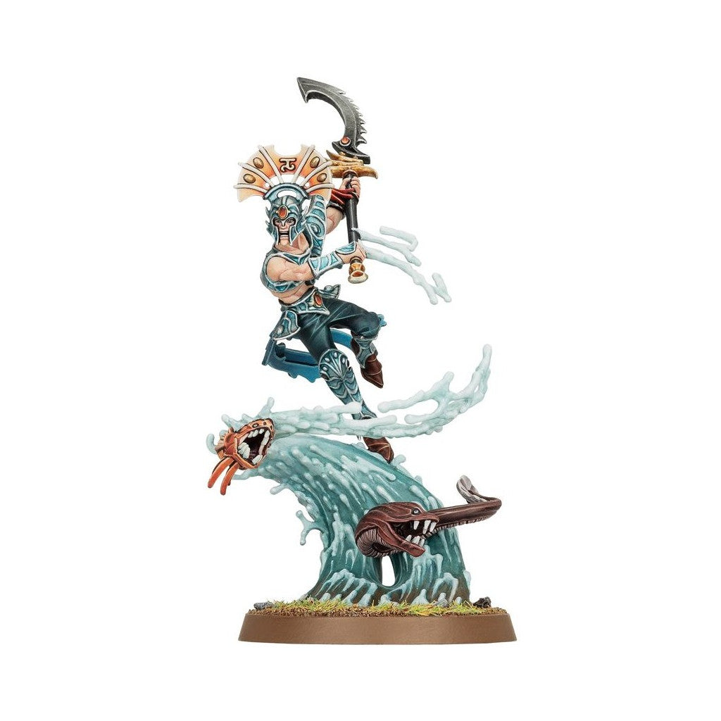 Miniature elf warrior in teal armor and crested helmet, riding a wave with two monstrous eels, wielding a large curved sword