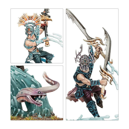 Painted miniatures: Two aquatic elven warriors in dynamic poses with weapons, and a sea serpent