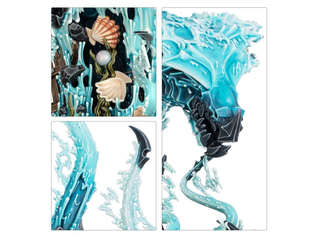 Detailed miniature of a blue ice/water elemental creature with dark armor, dynamically posed on an aquatic base