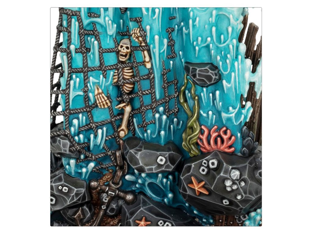 Skeleton caught in a fishing net underwater, surrounded by blue currents, rocks, seaweed, and coral