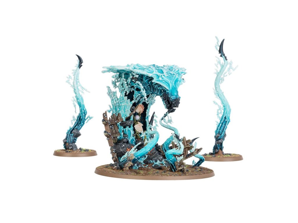 A set of three fantasy miniatures: a large turquoise water elemental bursts from wreckage, flanked by two smaller spouts