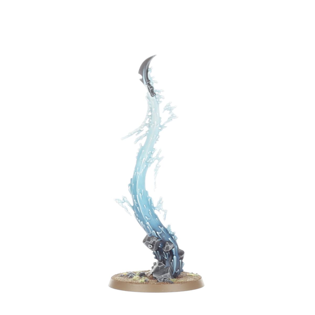 Miniature translucent blue energy swirling upwards, topped with a dark curved blade on a textured base