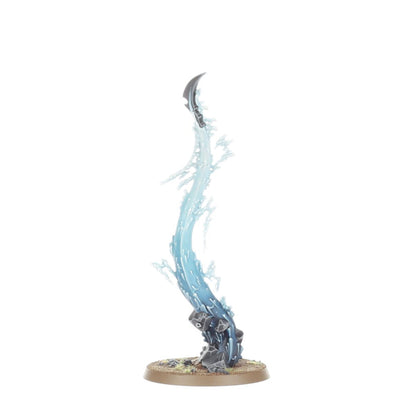 Miniature translucent blue energy swirling upwards, topped with a dark curved blade on a textured base